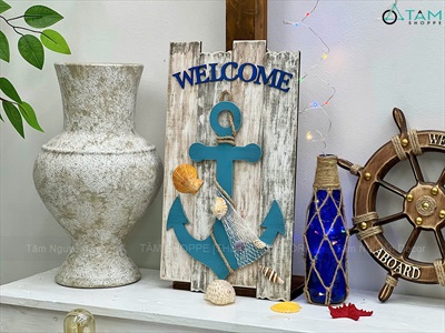 Tranh gỗ Welcome mỏ neo xám mốc [Nhẹ - Vỏ ốc thật] 40x22.5cm BTC-BIEN-05